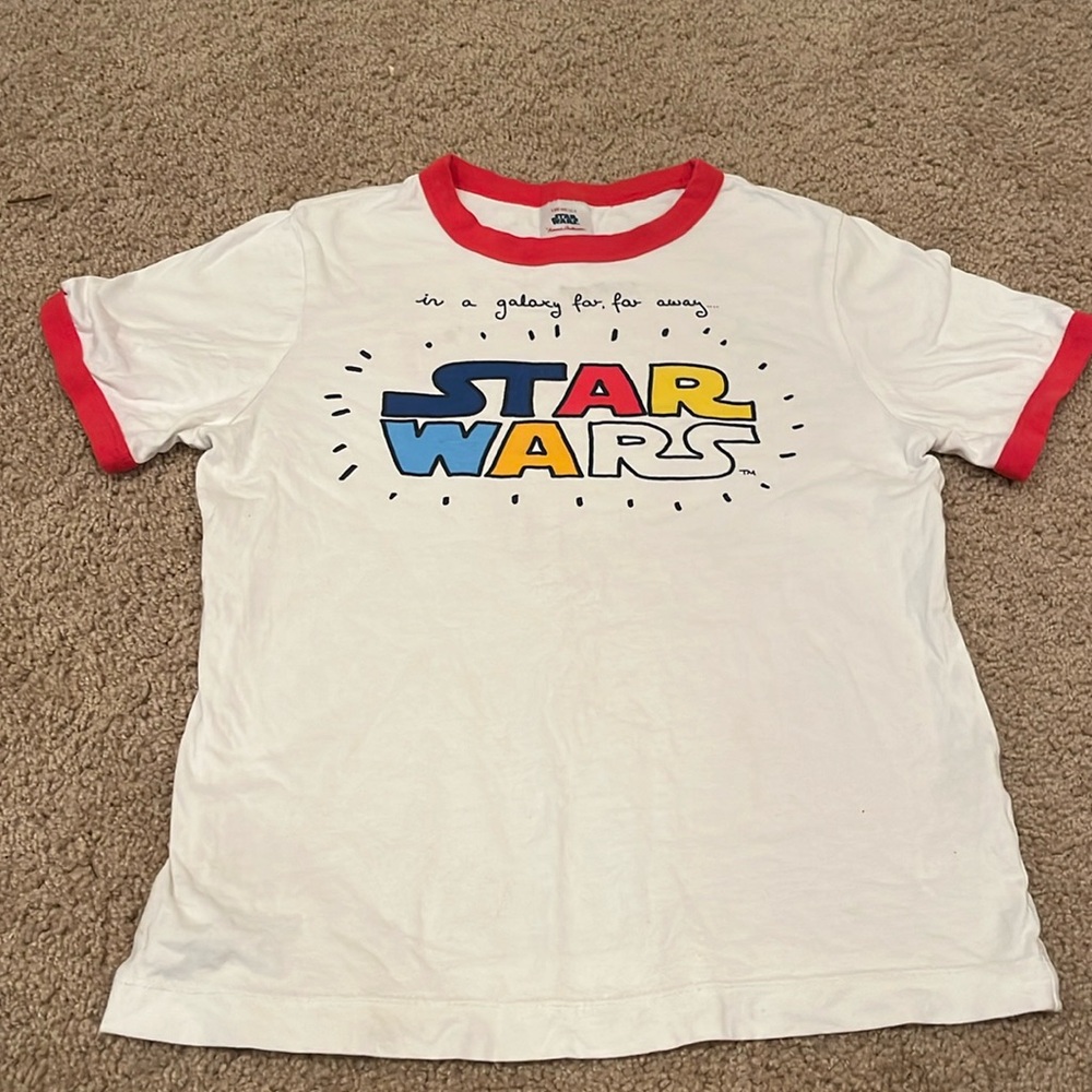 Hanna Andersson White Tee with Red Trim and Multi-Color Star Wars Logo